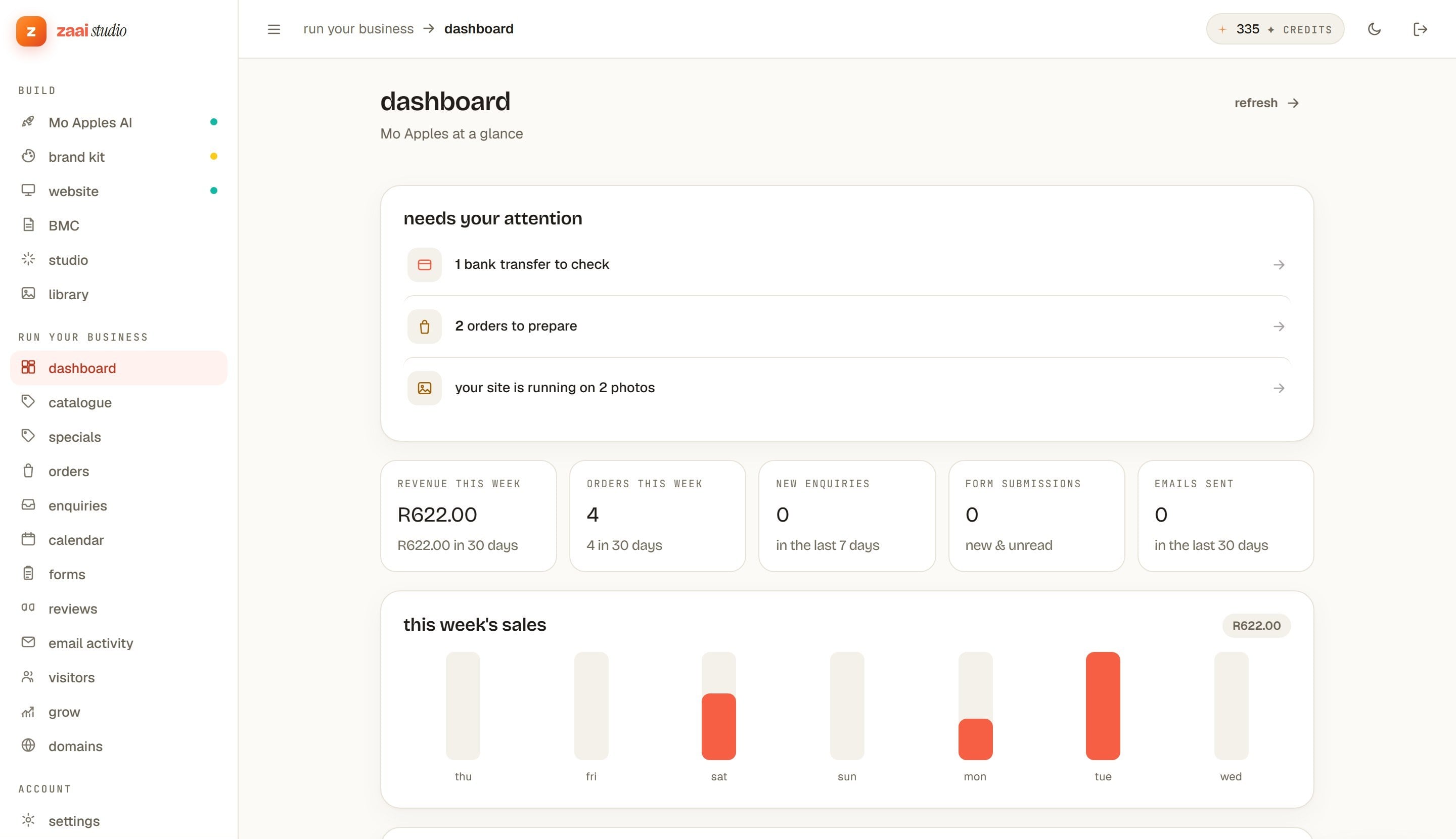 The Zaai Studio dashboard: what needs attention, revenue this week, a week of sales, and the full list of tools down the left.