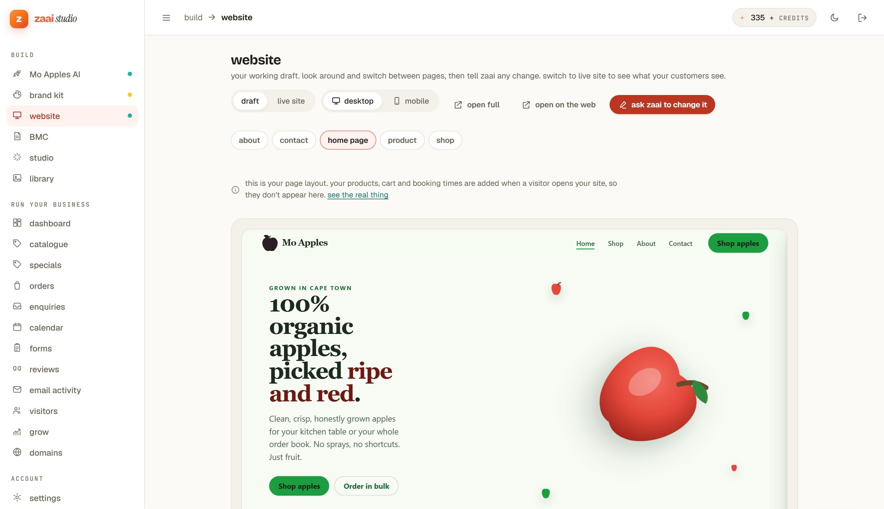 The Zaai Studio website tab: a draft and live-site toggle, desktop and mobile views, page tabs, and a live preview of the shop's home page.